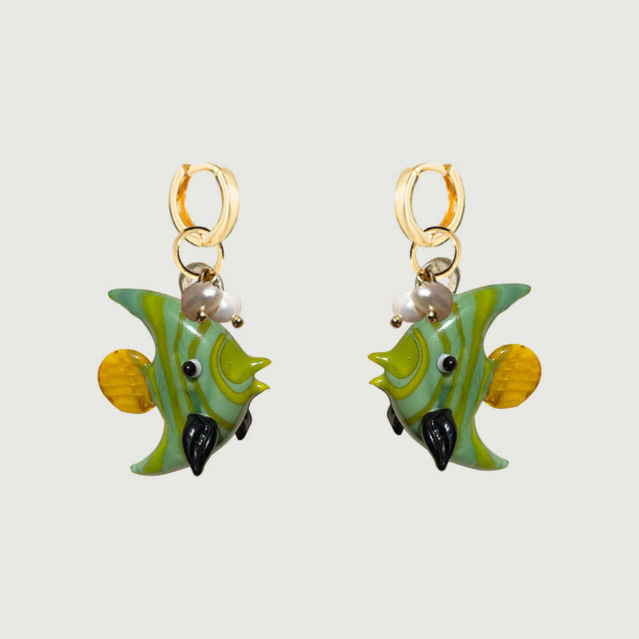 Green Pearl Fish Earrings